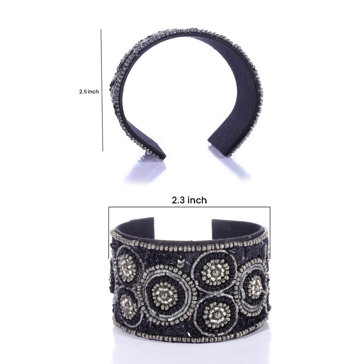Handcrafted Black Glass Seed Beaded Cuff Bracelet (Adjustable) image number 5