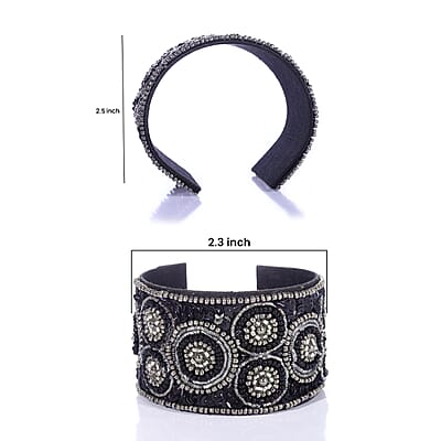 Handcrafted Black Glass Seed Beaded Cuff Bracelet (Adjustable)