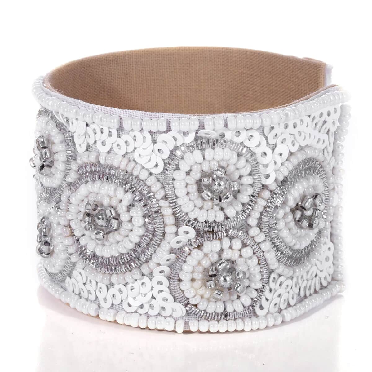 Handcrafted White Glass Seed Beaded Cuff Bracelet image number 3