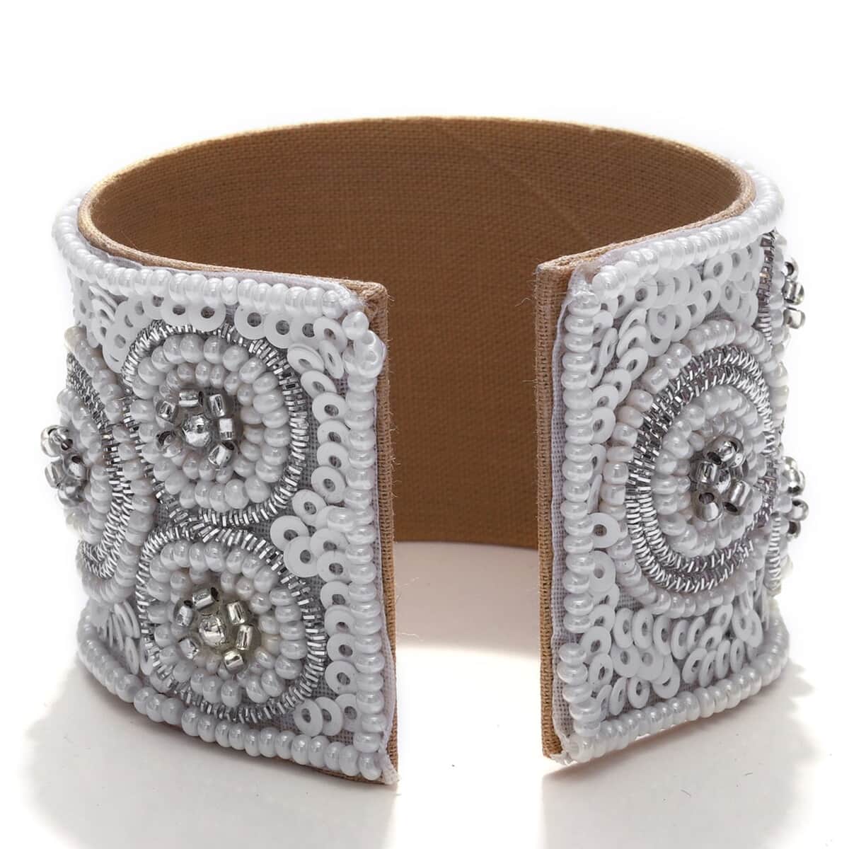 Handcrafted White Glass Seed Beaded Cuff Bracelet image number 4