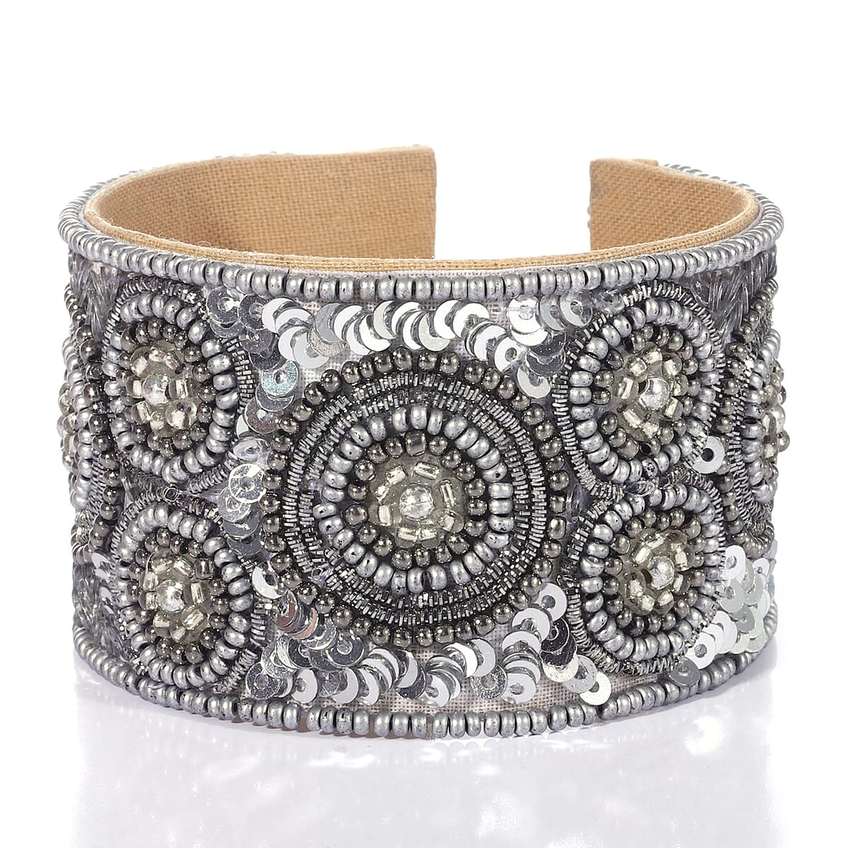 Handcrafted Silver & Black Glass Seed Beaded Cuff Bracelet (Adjustable) image number 0