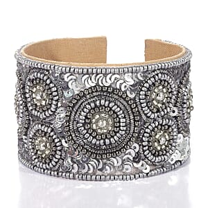 Handcrafted Silver & Black Glass Seed Beaded Cuff Bracelet (Adjustable)