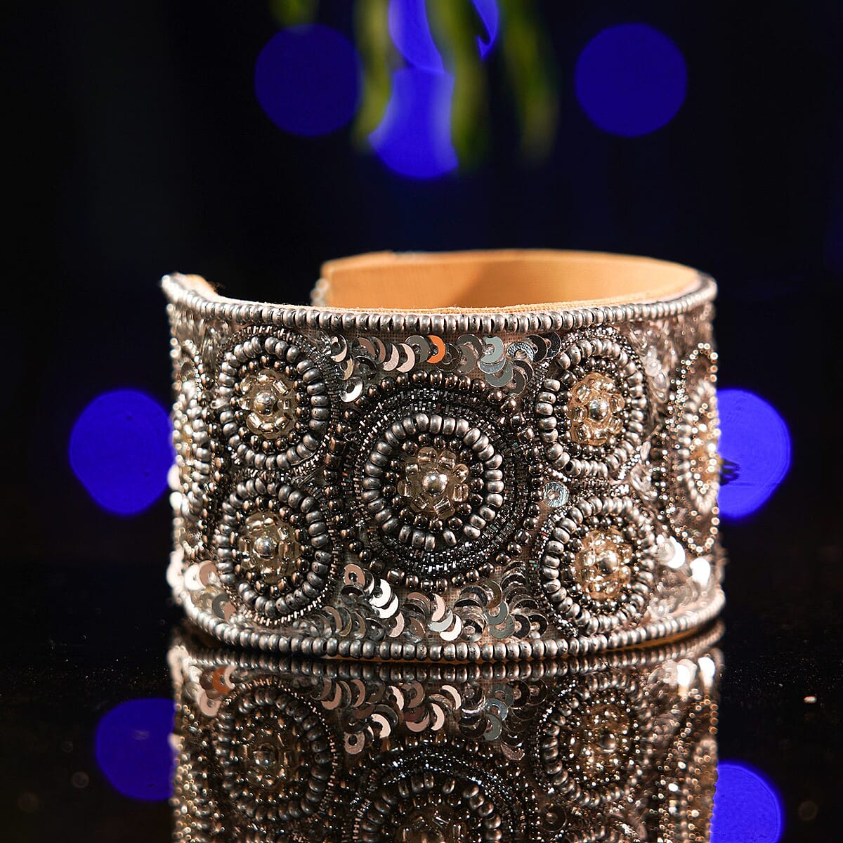 Handcrafted Silver & Black Glass Seed Beaded Cuff Bracelet (Adjustable) image number 1