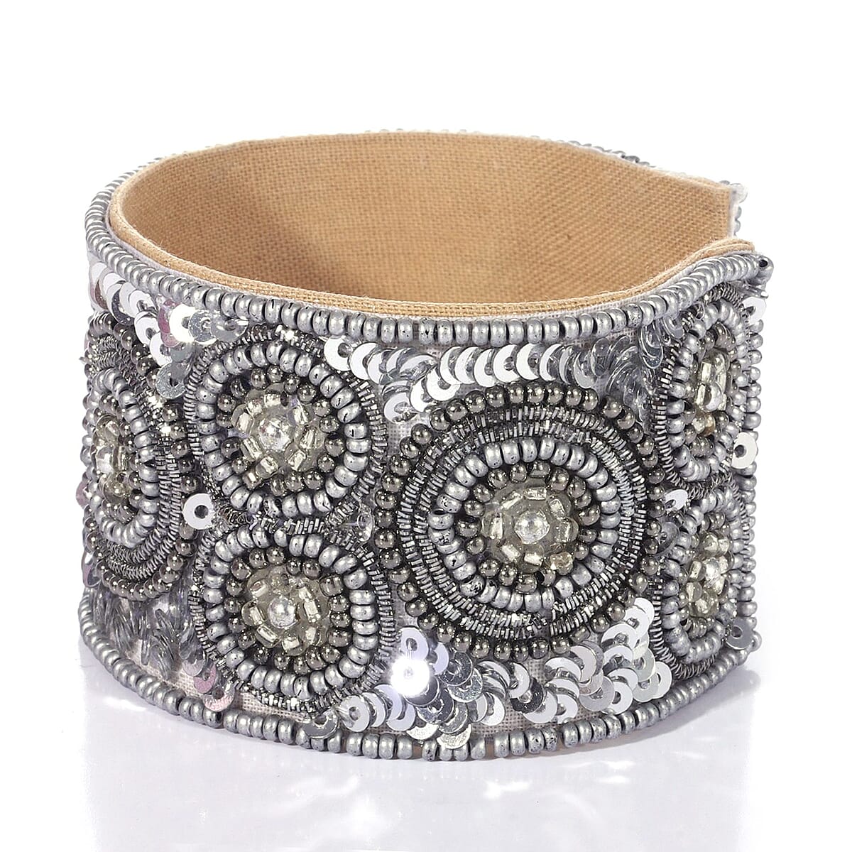 Handcrafted Silver & Black Glass Seed Beaded Cuff Bracelet (Adjustable) image number 3