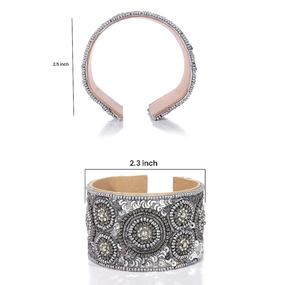 Handcrafted Silver & Black Glass Seed Beaded Cuff Bracelet (Adjustable) image number 4