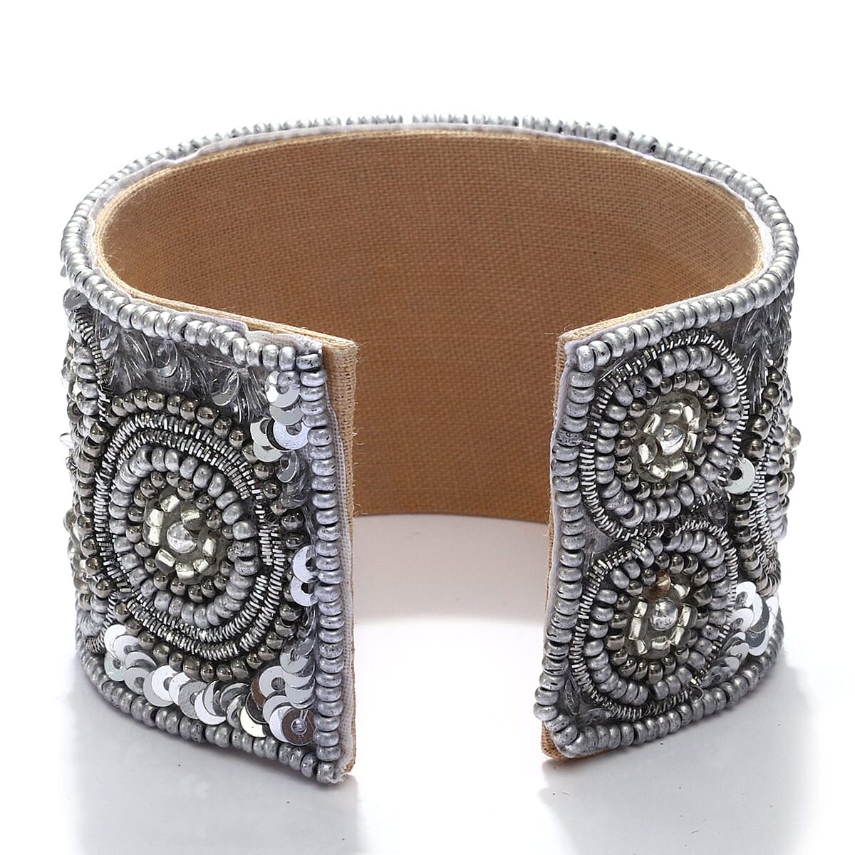 Handcrafted Silver & Black Glass Seed Beaded Cuff Bracelet (Adjustable) image number 5