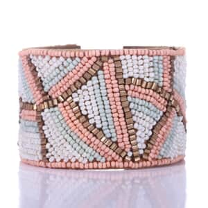Handcrafted Peach & Mint Glass Seed Beaded Cuff Bracelet (Adjustable)