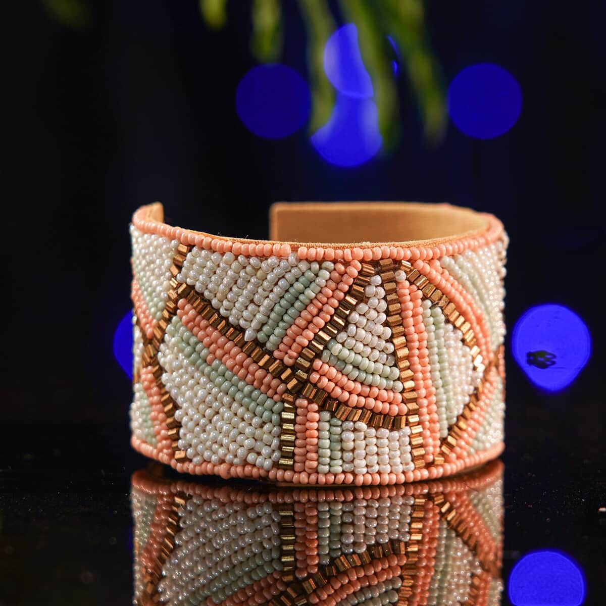 Handcrafted Peach & Mint Glass Seed Beaded Cuff Bracelet (Adjustable) image number 1