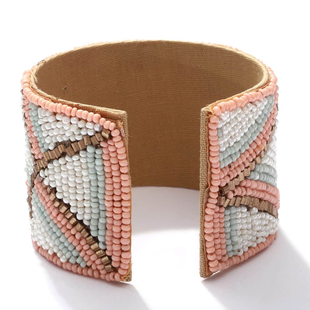 Handcrafted Peach & Mint Glass Seed Beaded Cuff Bracelet (Adjustable) image number 4