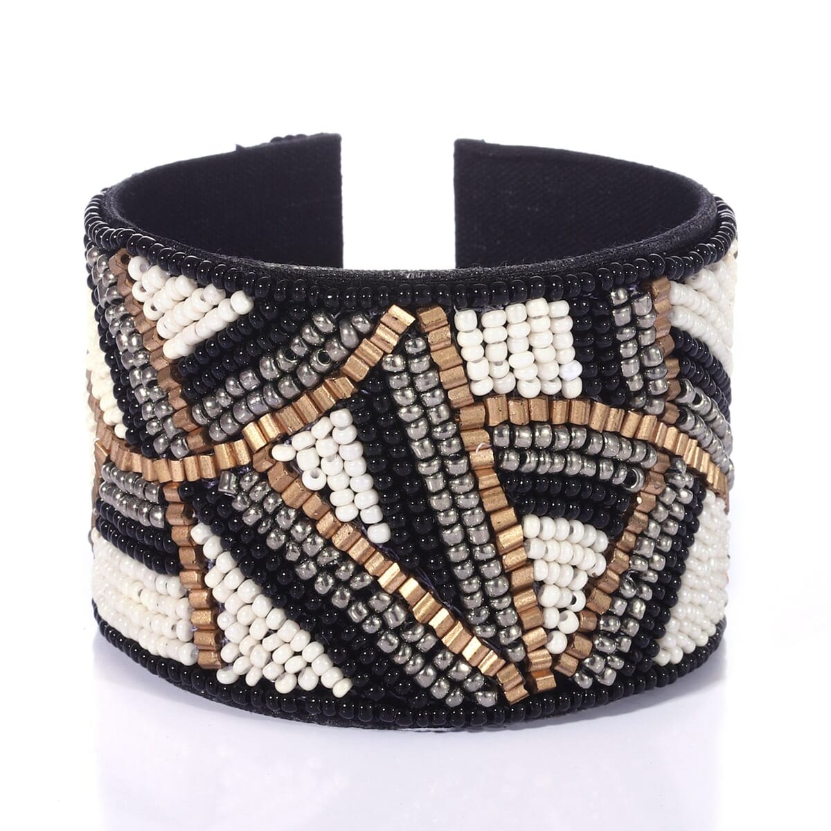 Handcrafted Black & White Glass Seed Beaded Cuff Bracelet (Adjustable) image number 0