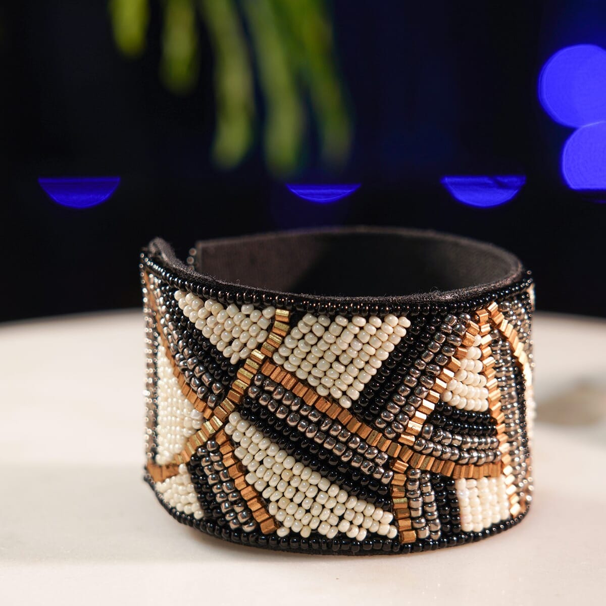 Handcrafted Black & White Glass Seed Beaded Cuff Bracelet (Adjustable) image number 1