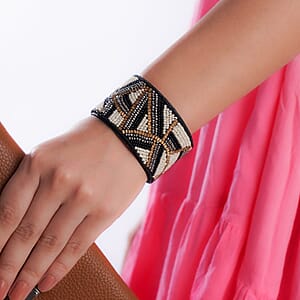 Handcrafted Black & White Glass Seed Beaded Cuff Bracelet (Adjustable)