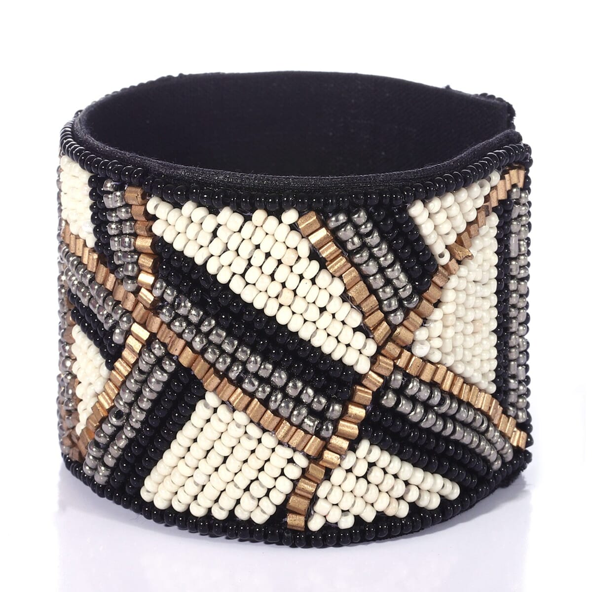 Handcrafted Black & White Glass Seed Beaded Cuff Bracelet (Adjustable) image number 3