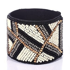 Handcrafted Black & White Glass Seed Beaded Cuff Bracelet (Adjustable)