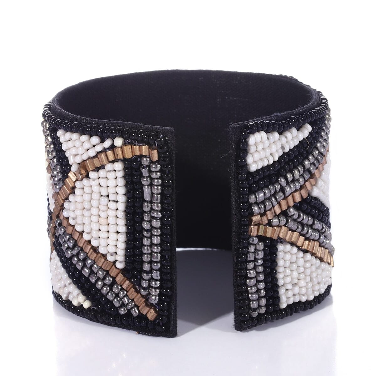 Handcrafted Black & White Glass Seed Beaded Cuff Bracelet (Adjustable) image number 4