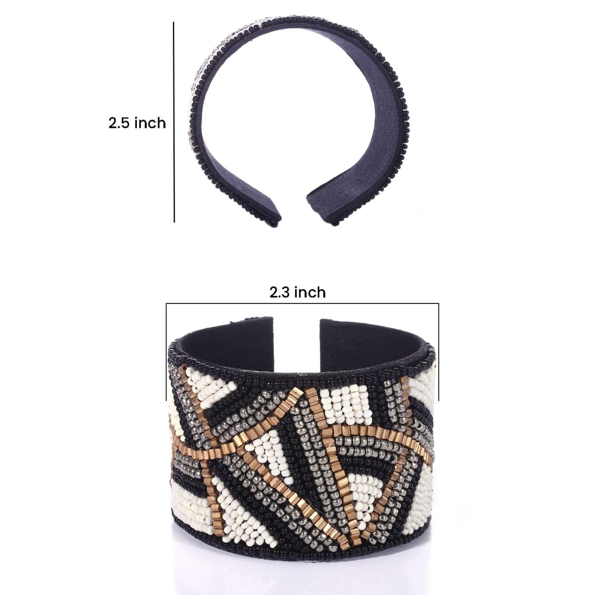 Handcrafted Black & White Glass Seed Beaded Cuff Bracelet (Adjustable) image number 5