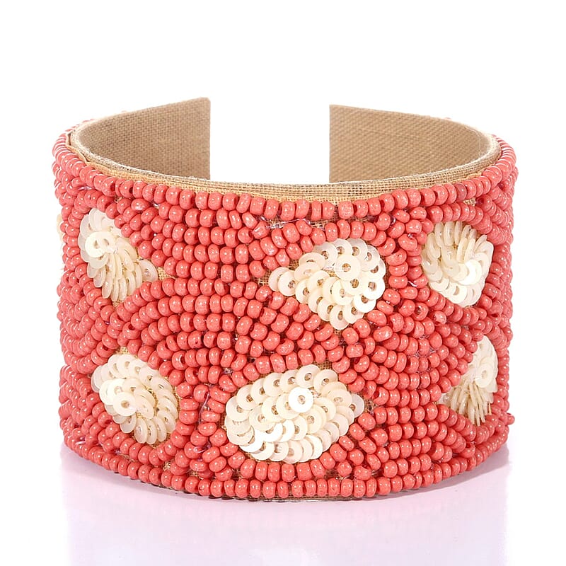 Handcrafted Coral Glass Seed Beaded Cuff Bracelet (Adjustable)