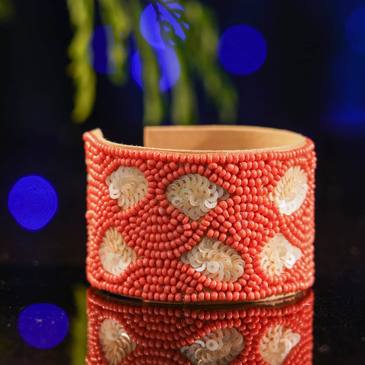 Handcrafted Coral Glass Seed Beaded Cuff Bracelet (Adjustable) image number 1