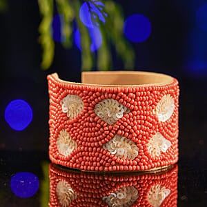 Handcrafted Coral Glass Seed Beaded Cuff Bracelet (Adjustable)