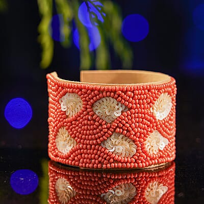 Handcrafted Coral Glass Seed Beaded Cuff Bracelet (Adjustable)