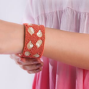 Handcrafted Coral Glass Seed Beaded Cuff Bracelet (Adjustable)