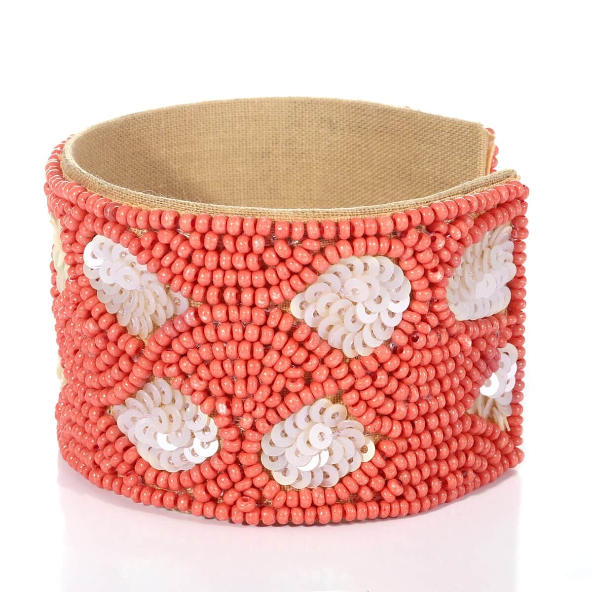 Handcrafted Coral Glass Seed Beaded Cuff Bracelet (Adjustable) image number 3