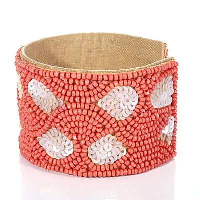 Handcrafted Coral Glass Seed Beaded Cuff Bracelet (Adjustable)