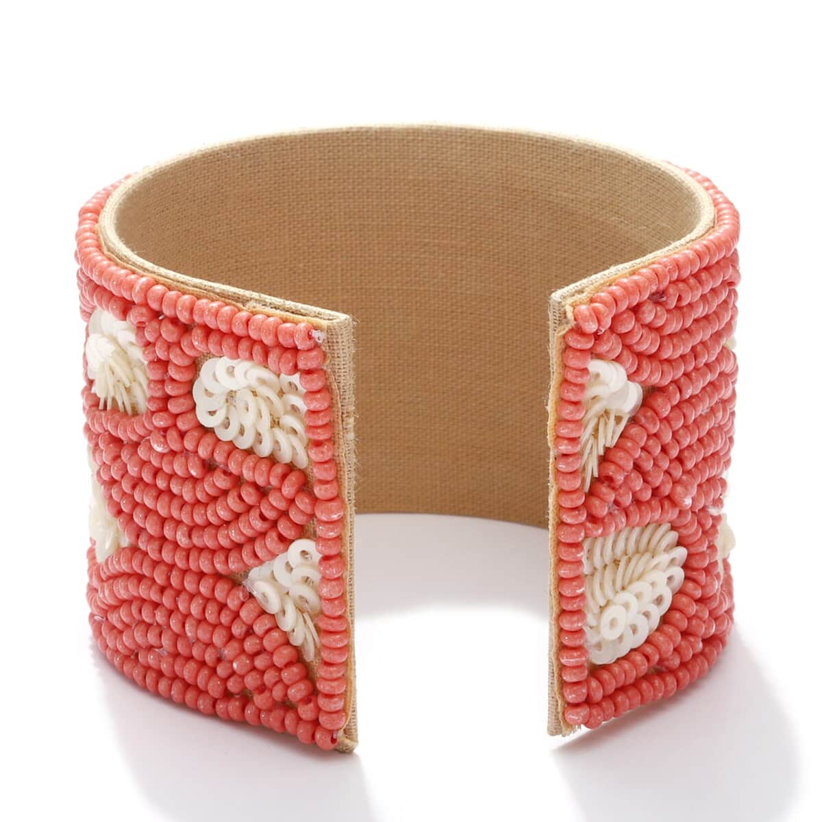 Handcrafted Coral Glass Seed Beaded Cuff Bracelet (Adjustable) image number 4