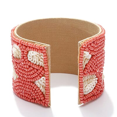 Handcrafted Coral Glass Seed Beaded Cuff Bracelet (Adjustable)