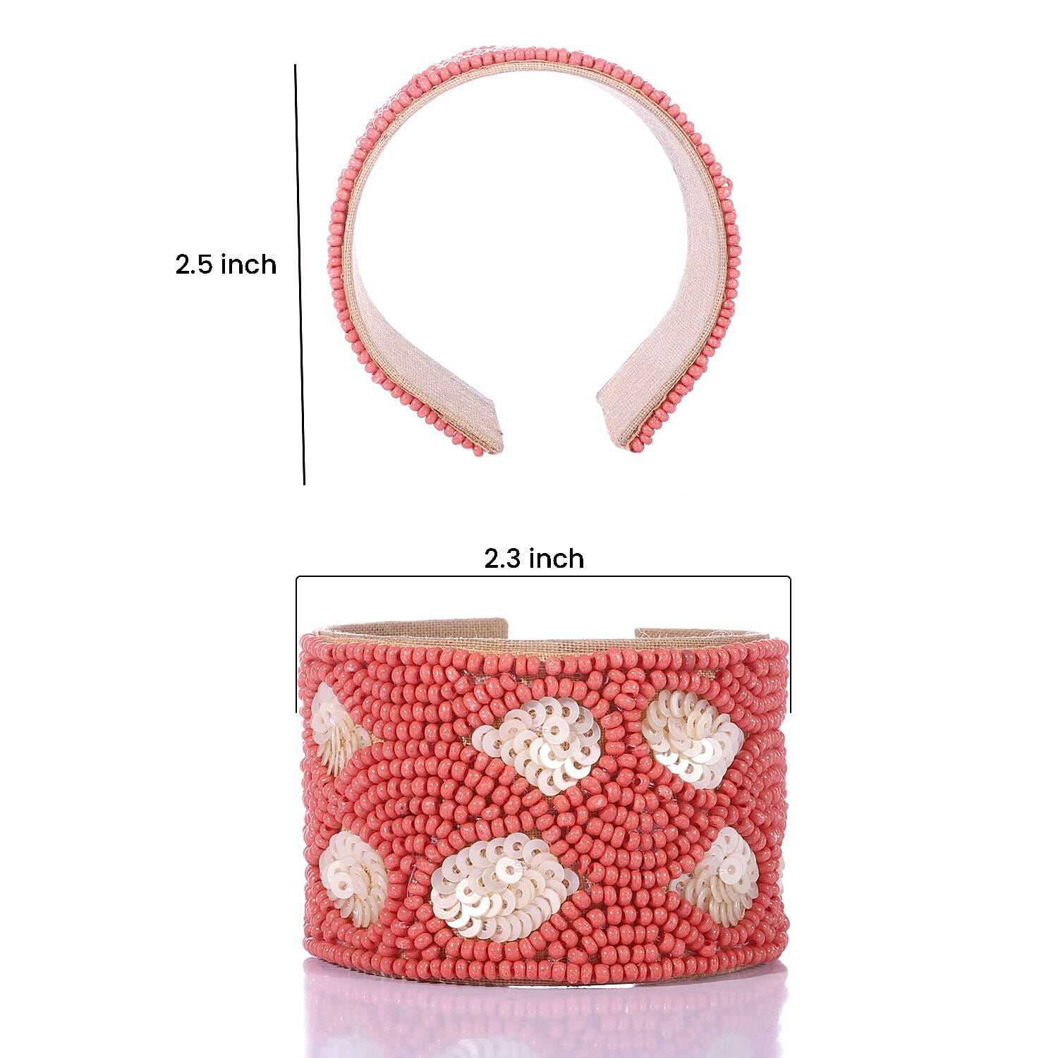 Handcrafted Coral Glass Seed Beaded Cuff Bracelet (Adjustable)