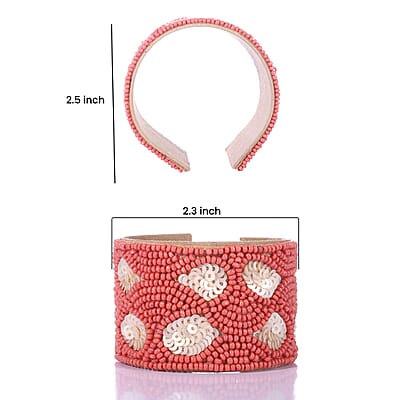 Handcrafted Coral Glass Seed Beaded Cuff Bracelet (Adjustable)