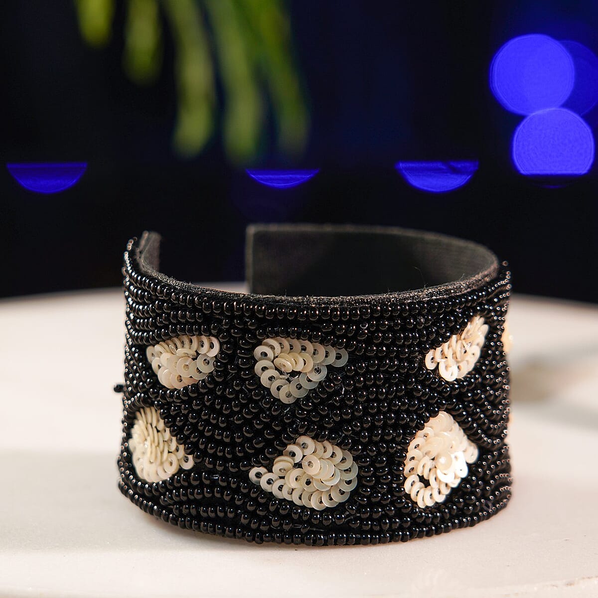 Handcrafted Black Glass Seed Beaded Cuff Bracelet (Adjustable) image number 1