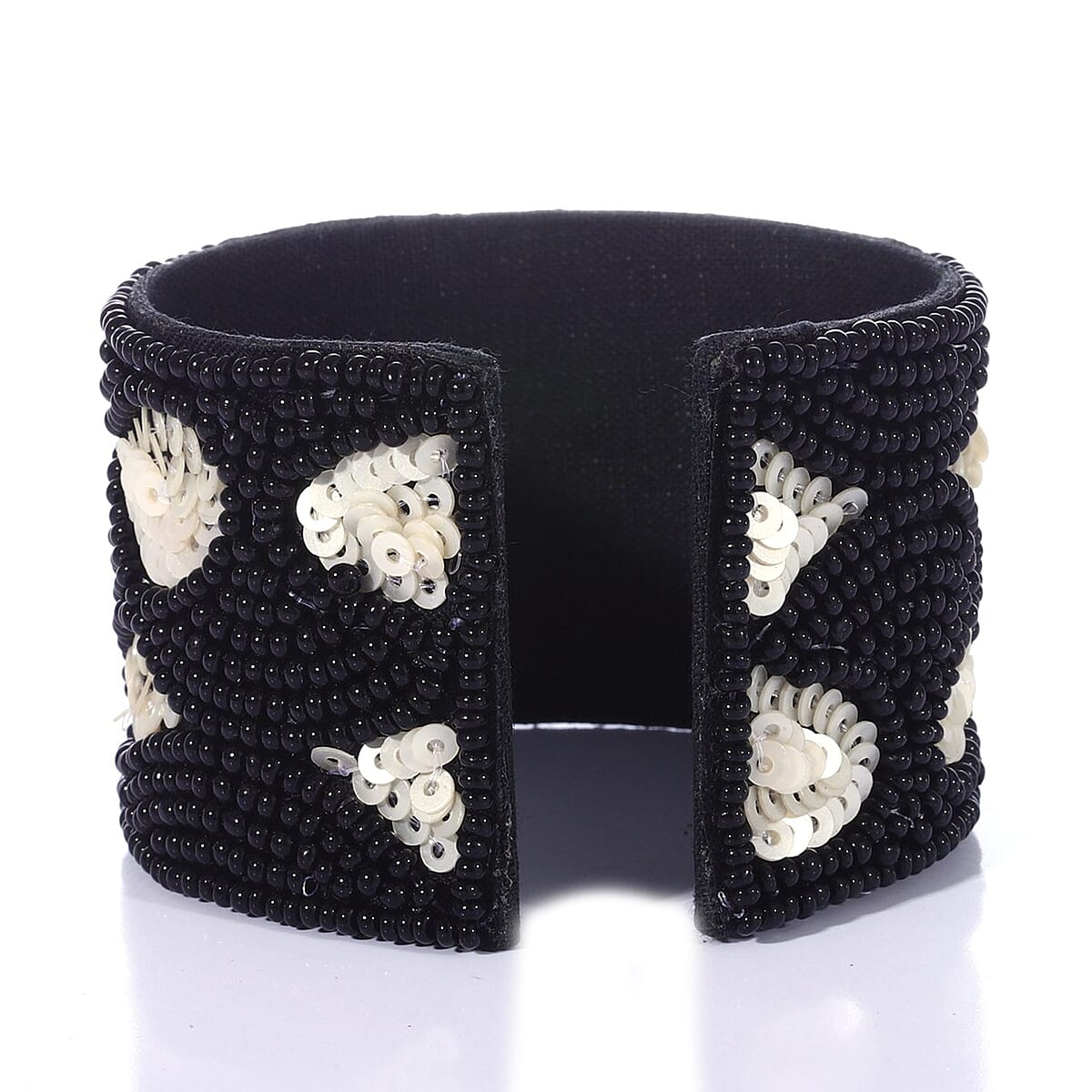 Handcrafted Black Glass Seed Beaded Cuff Bracelet (Adjustable) image number 4