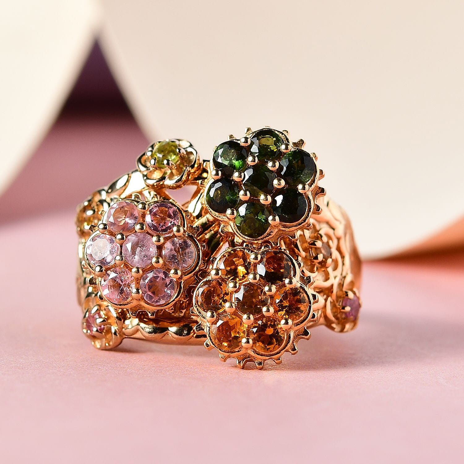 GP Italian Garden Collection Multi-Tourmaline Spinner Ring in Vermeil Yellow Gold Over Sterling Silver (Size 10.0) 1.75 ctw