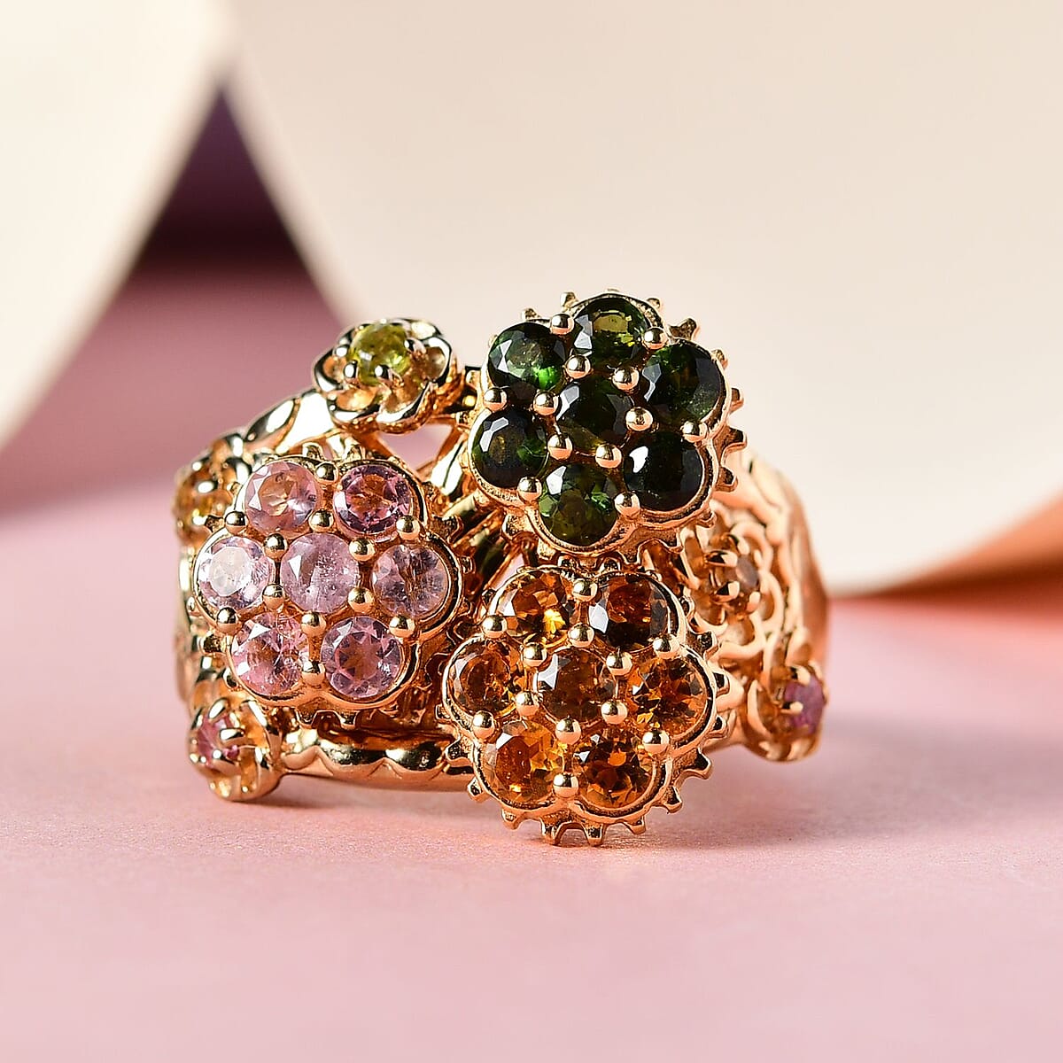 Multi-Tourmaline ,  Blue Sapphire  Fancy Ring in Vermeil YG Sterling Silver 1.70 ctw ,  Silver Wt. 10.17 g image number 1