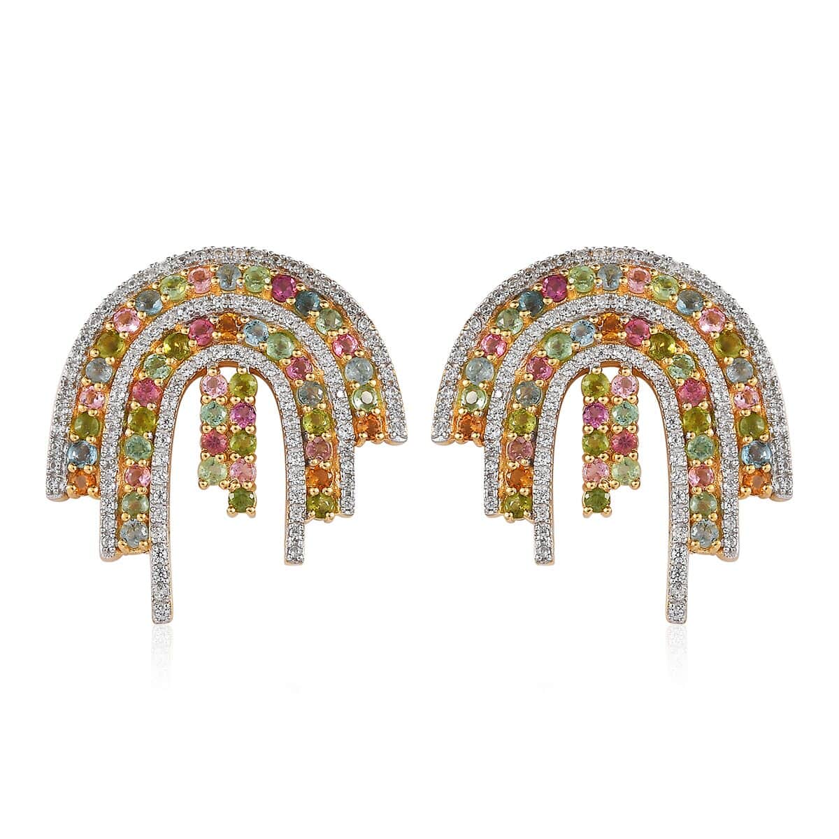 Multi-Tourmaline and White Zircon Rainbow Earrings in Vermeil Yellow Gold Over Sterling Silver 5.20 ctw image number 0