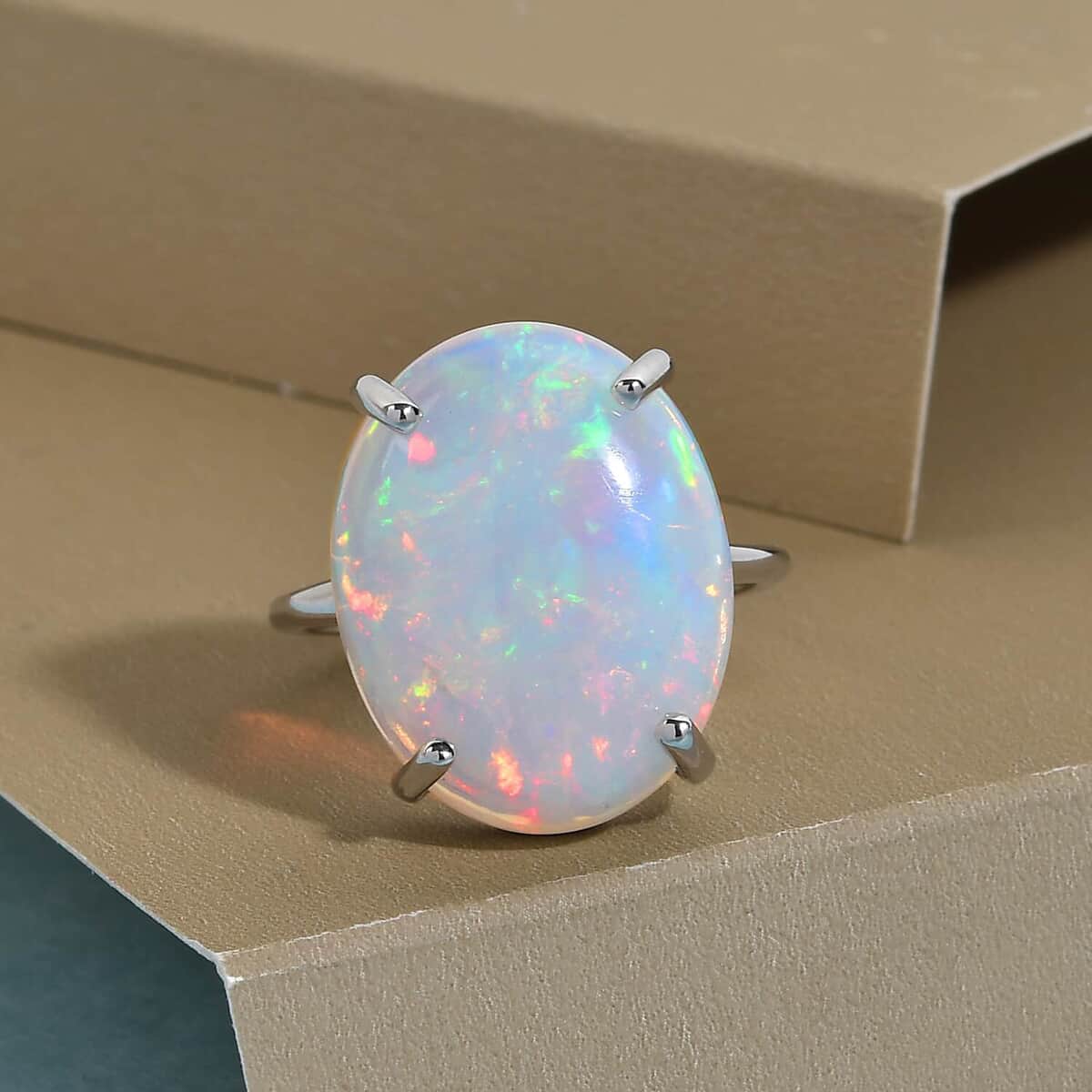 ILIANA 18K White Gold AAA Ethiopian Welo Opal Solitaire Ring 3.80 Grams 10.00 ctw image number 1
