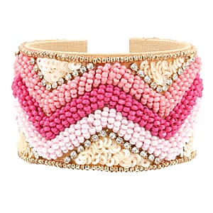Pink Glass Seed Beaded Chevron Cuff Bracelet in Goldtone