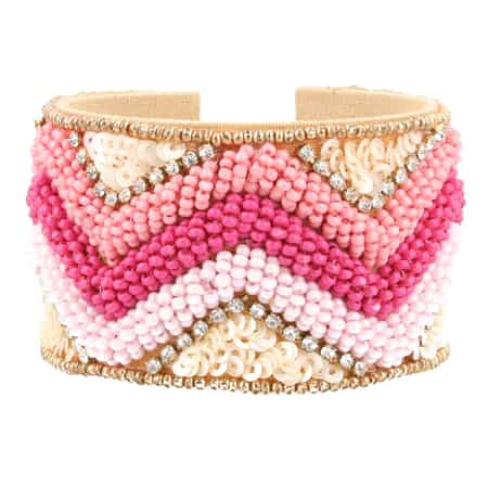 Pink Glass Seed Beaded Chevron Cuff Bracelet in Goldtone image number 0