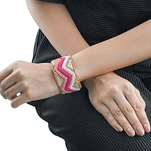Pink Glass Seed Beaded Chevron Cuff Bracelet in Goldtone