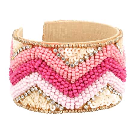 Pink Glass Seed Beaded Chevron Cuff Bracelet in Goldtone image number 2
