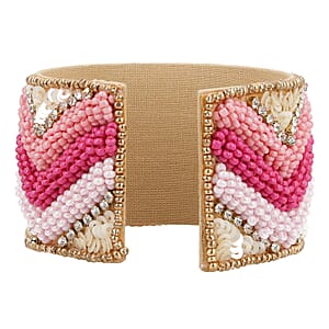 Pink Glass Seed Beaded Chevron Cuff Bracelet in Goldtone