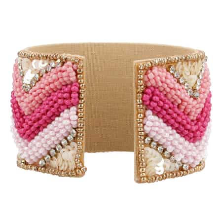 Pink Glass Seed Beaded Chevron Cuff Bracelet in Goldtone image number 3
