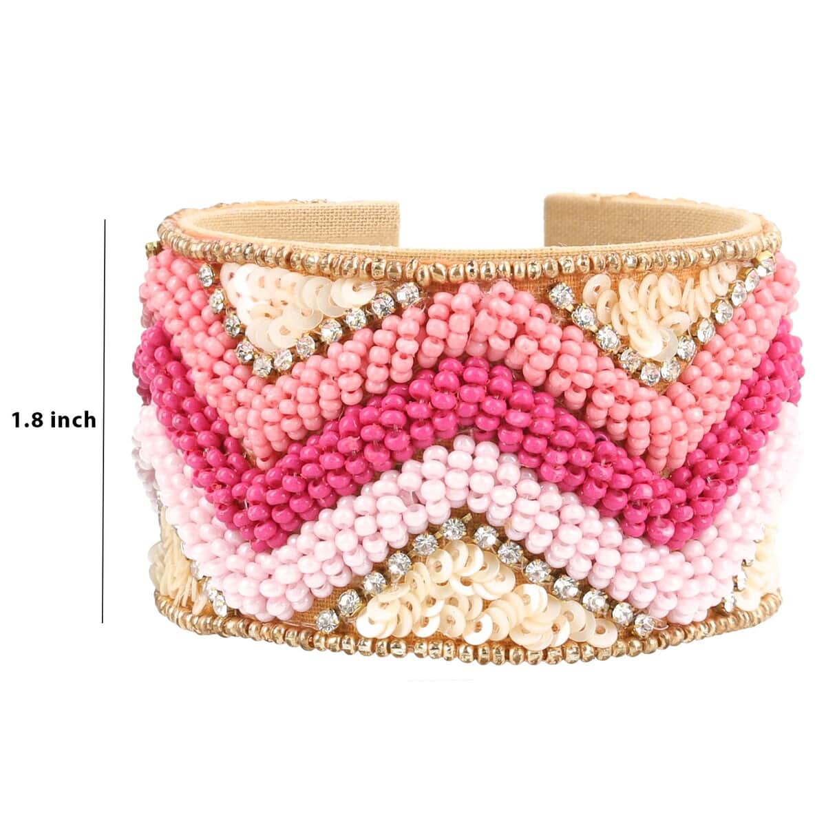 Pink Glass Seed Beaded Chevron Cuff Bracelet in Goldtone image number 4