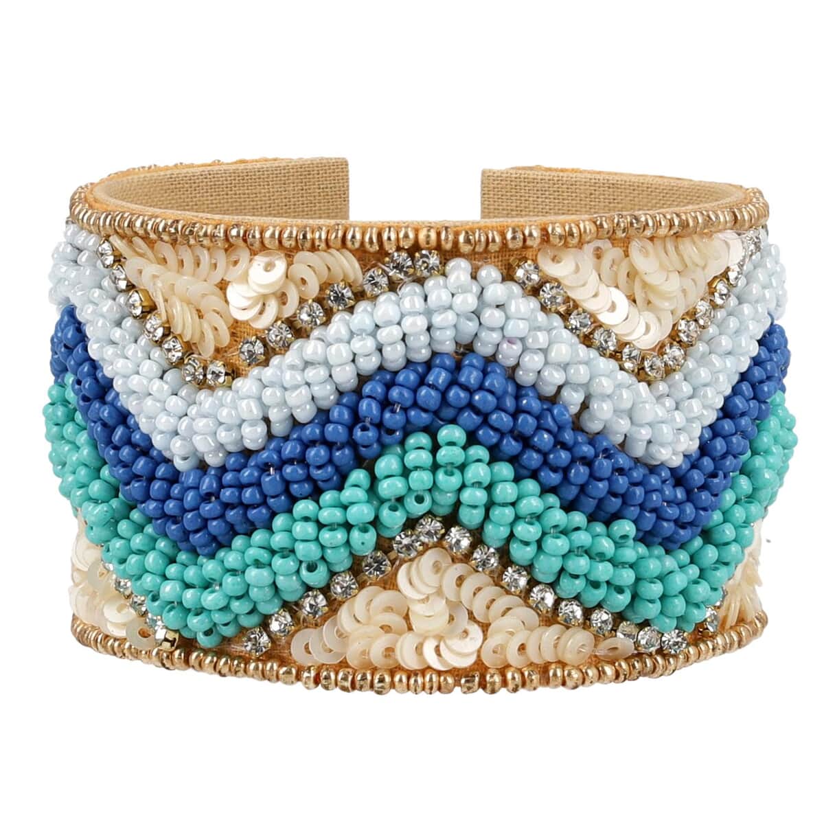 Multi Color Glass Seed Beaded Chevron Cuff Bracelet in Goldtone image number 0