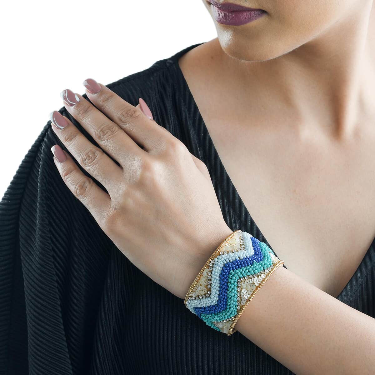 Multi Color Glass Seed Beaded Chevron Cuff Bracelet in Goldtone image number 1