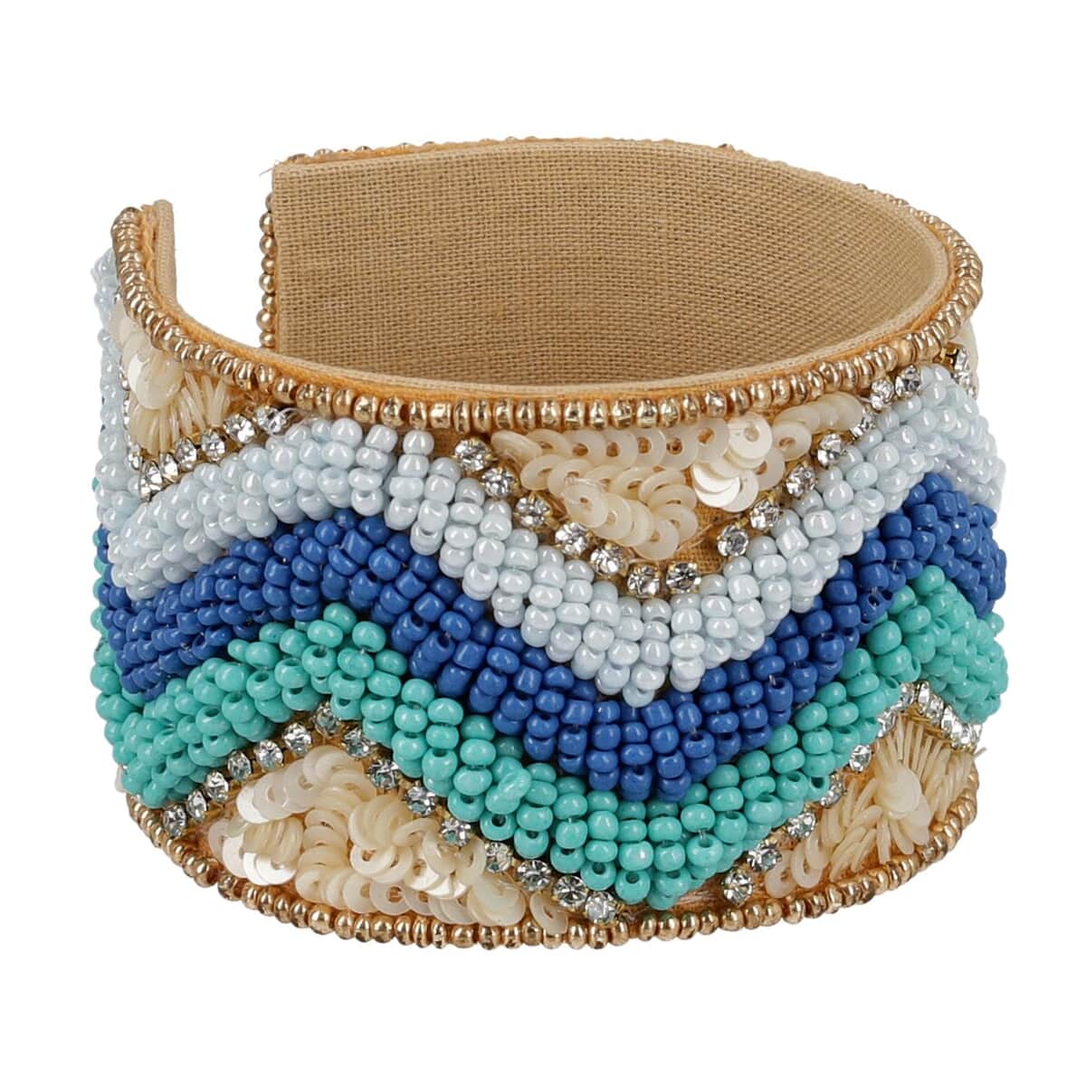 Multi Color Glass Seed Beaded Chevron Cuff Bracelet in Goldtone image number 2
