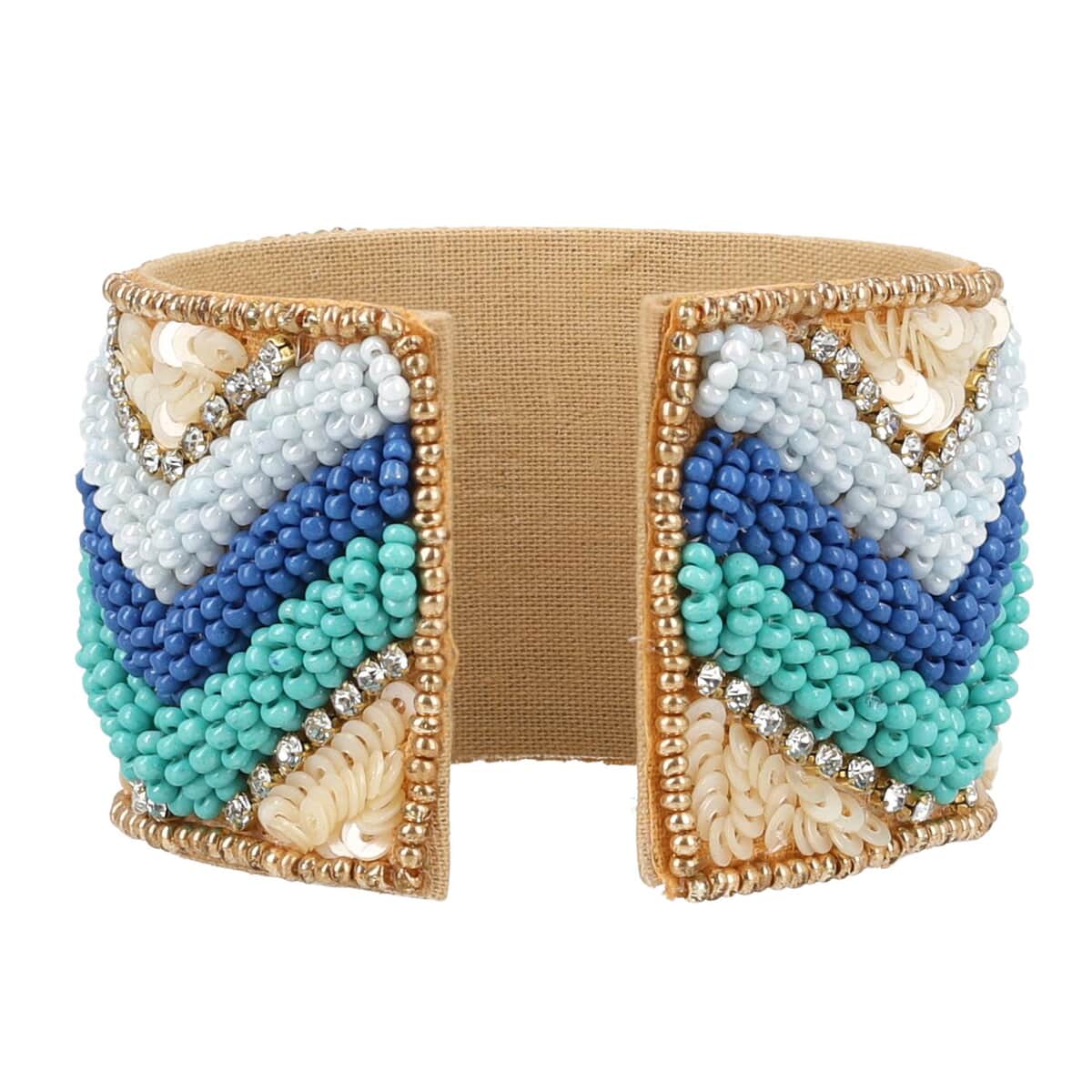 Multi Color Glass Seed Beaded Chevron Cuff Bracelet in Goldtone image number 3