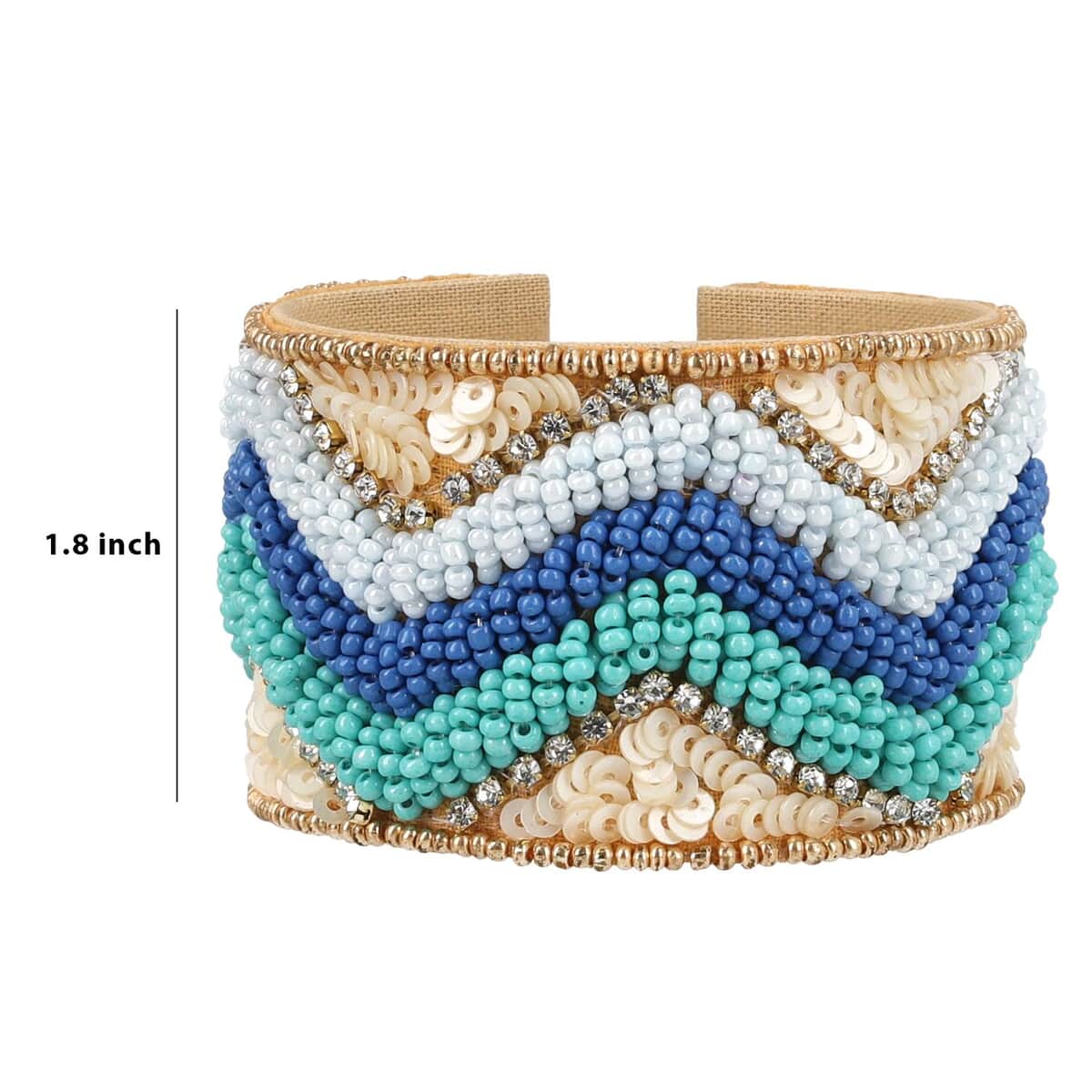 Multi Color Glass Seed Beaded Chevron Cuff Bracelet in Goldtone image number 4