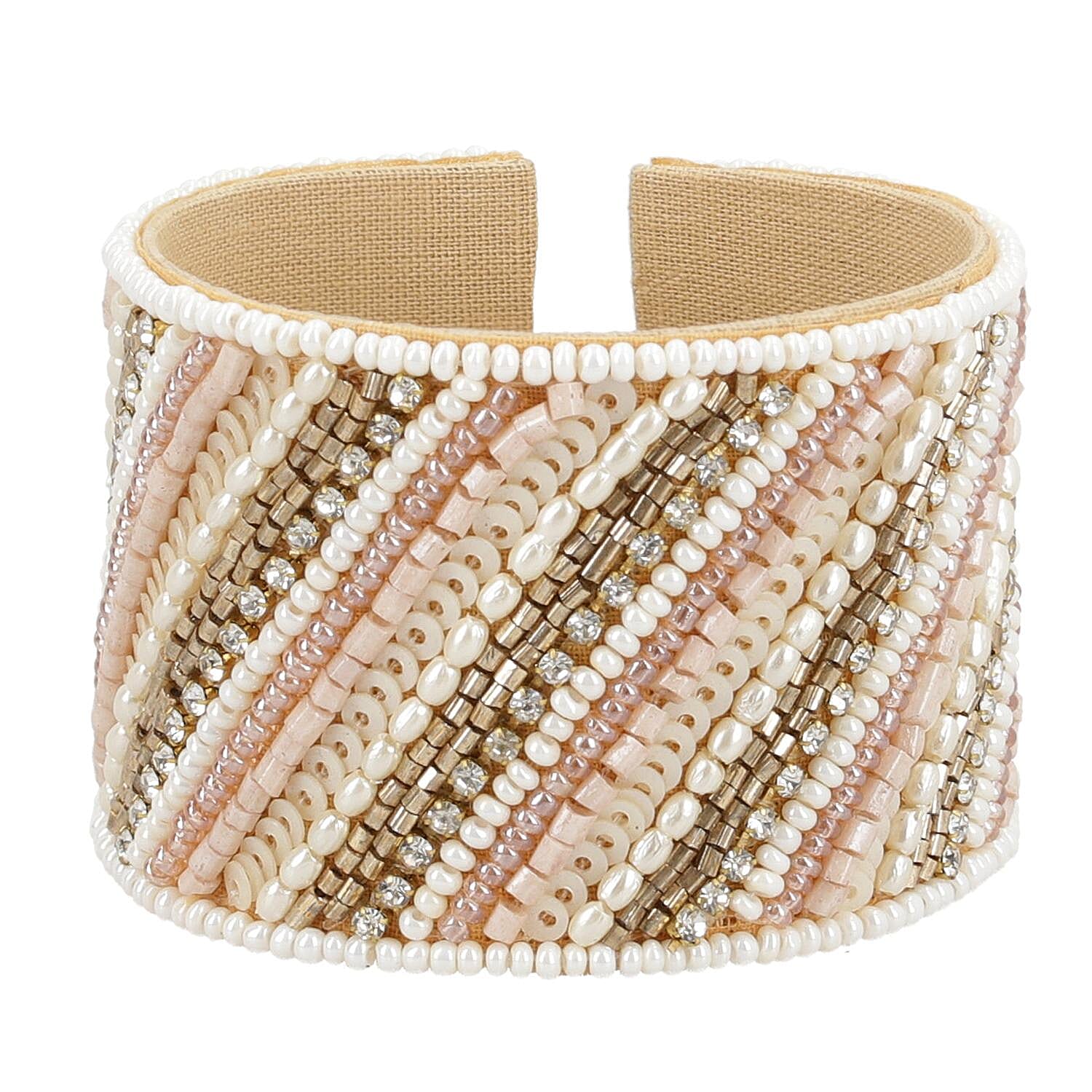 Turquoise Glass Seed Beaded Cuff Bracelet in Goldtone